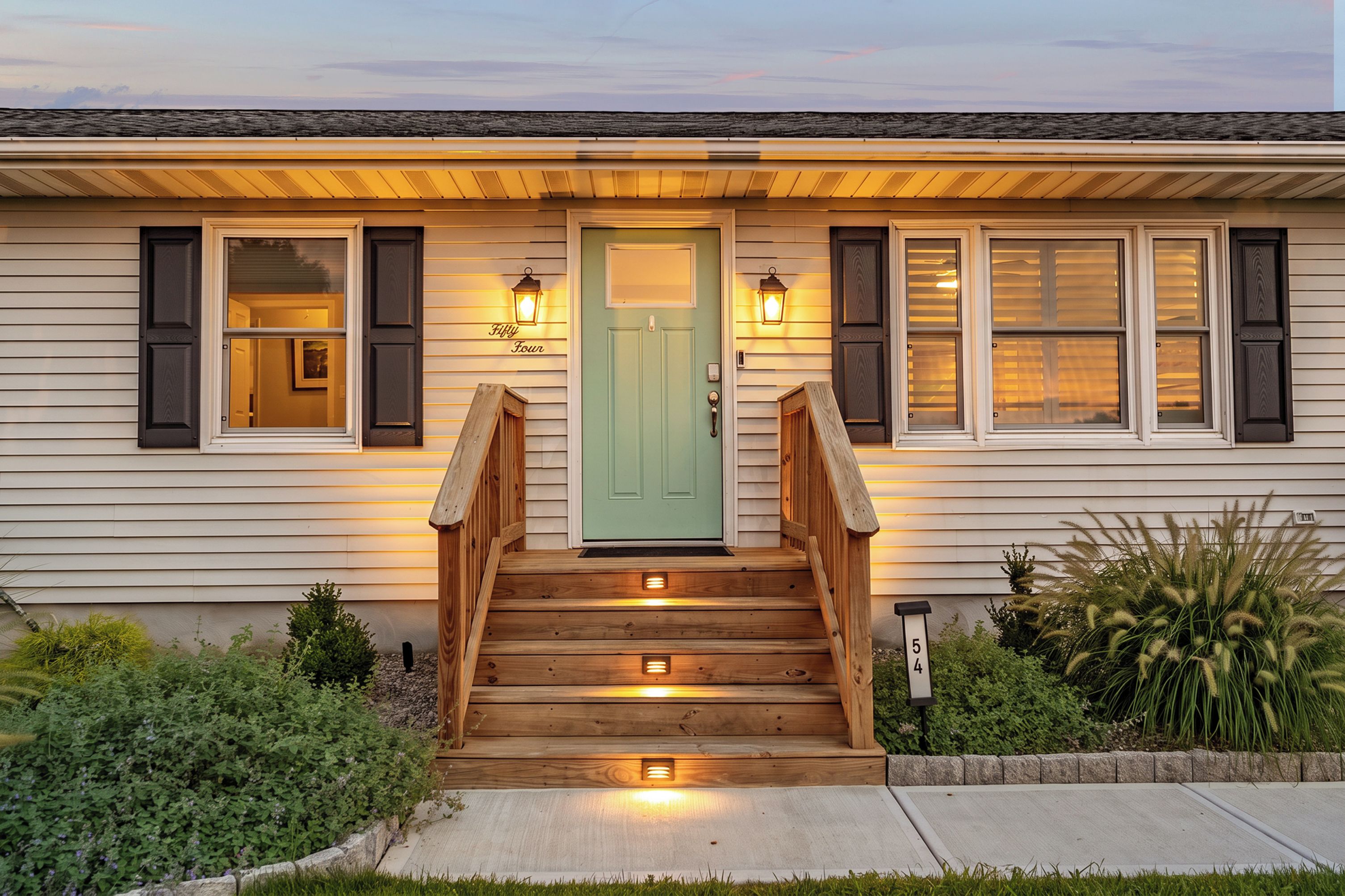 Una casa con puerta verde, escalones de madera y buzón.