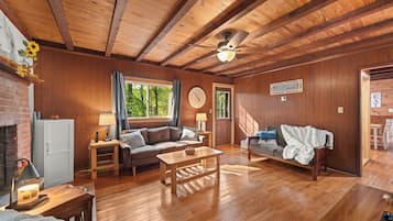 Smart TV, fireplace, DVD player, books