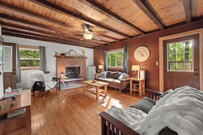 Smart TV, caminetto, lettore DVD, libri