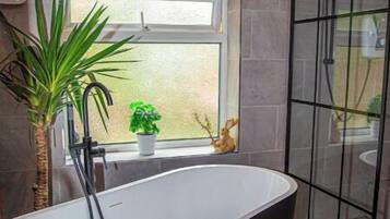 Shower, towels, soap, shampoo