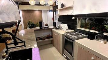 Frigorífico, microondas, horno y placa de cocina