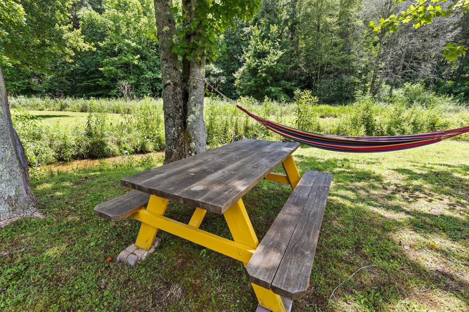 Una mesa de picnic con bancos, una hamaca y un entorno natural al aire libre.
