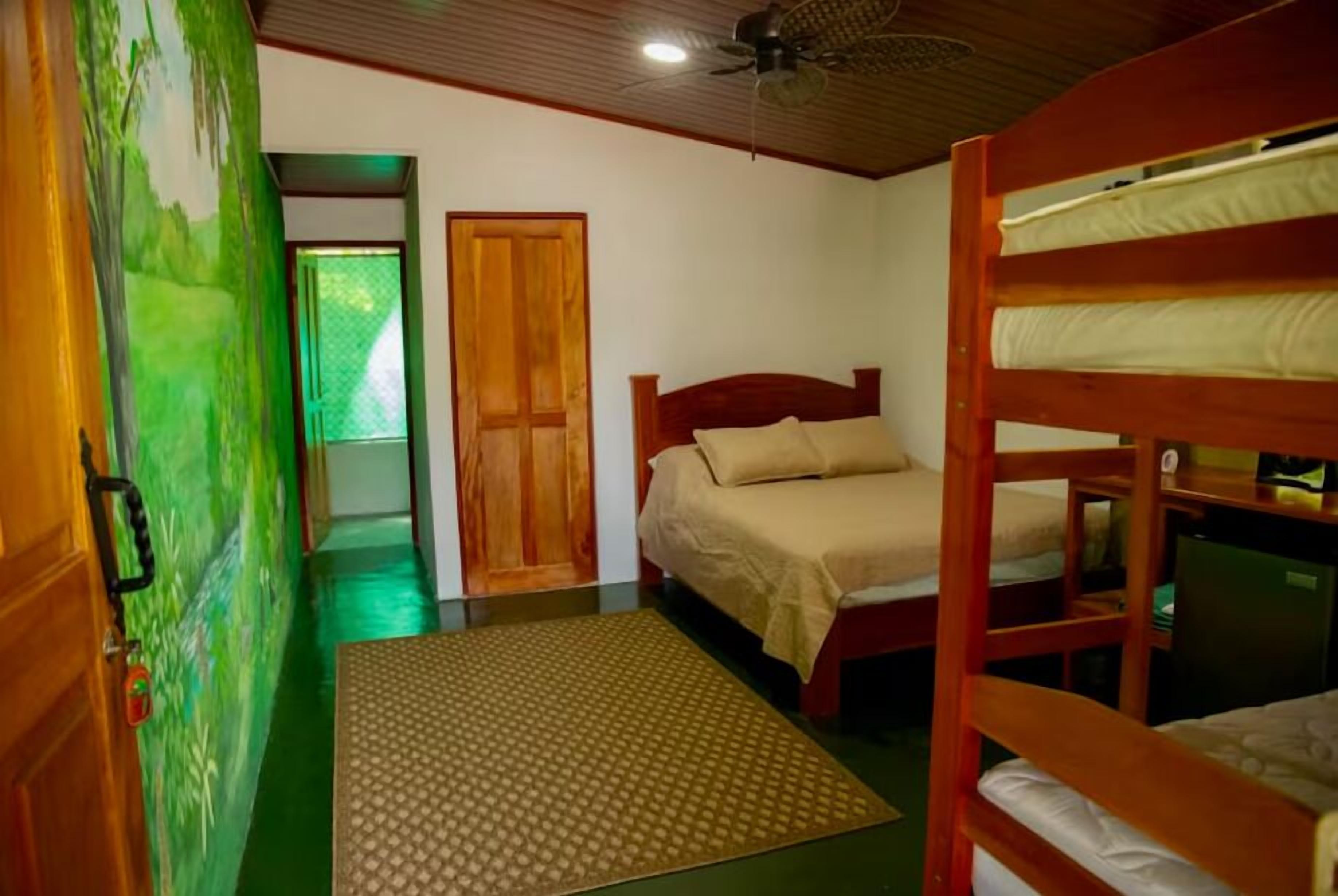 A room with bunk beds, a wooden door, and a green wall with a painting.