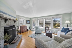 Smart TV, fireplace, books