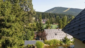 Un quartier résidentiel avec des maisons, un étang et une montagne en arrière-plan.