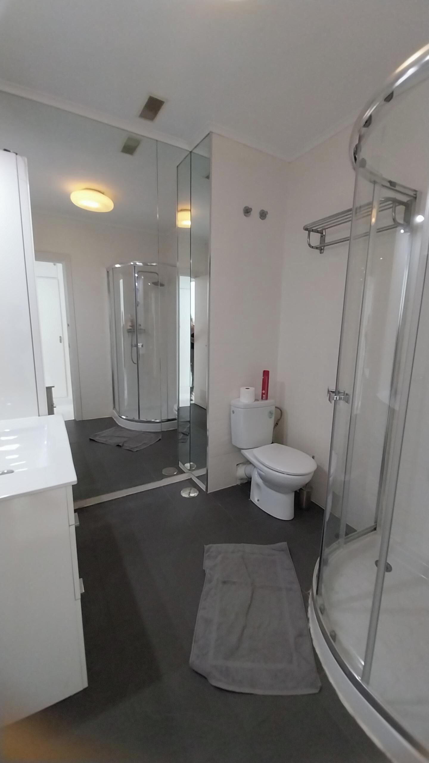 Een douche, een haardroger, een bidet, handdoeken