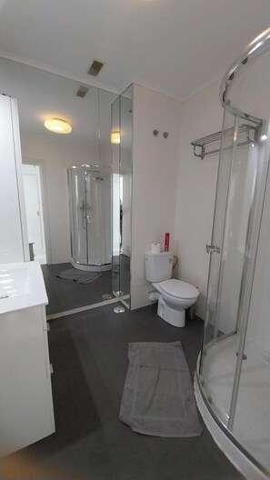 Shower, hair dryer, bidet, towels