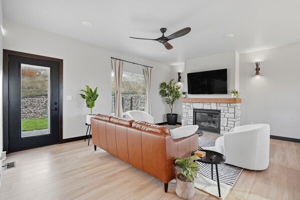 Smart TV, fireplace, stereo, computer monitors