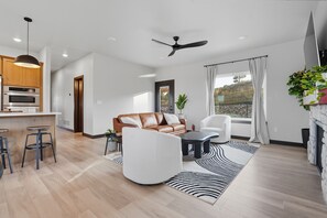 Smart TV, fireplace, stereo, computer monitors