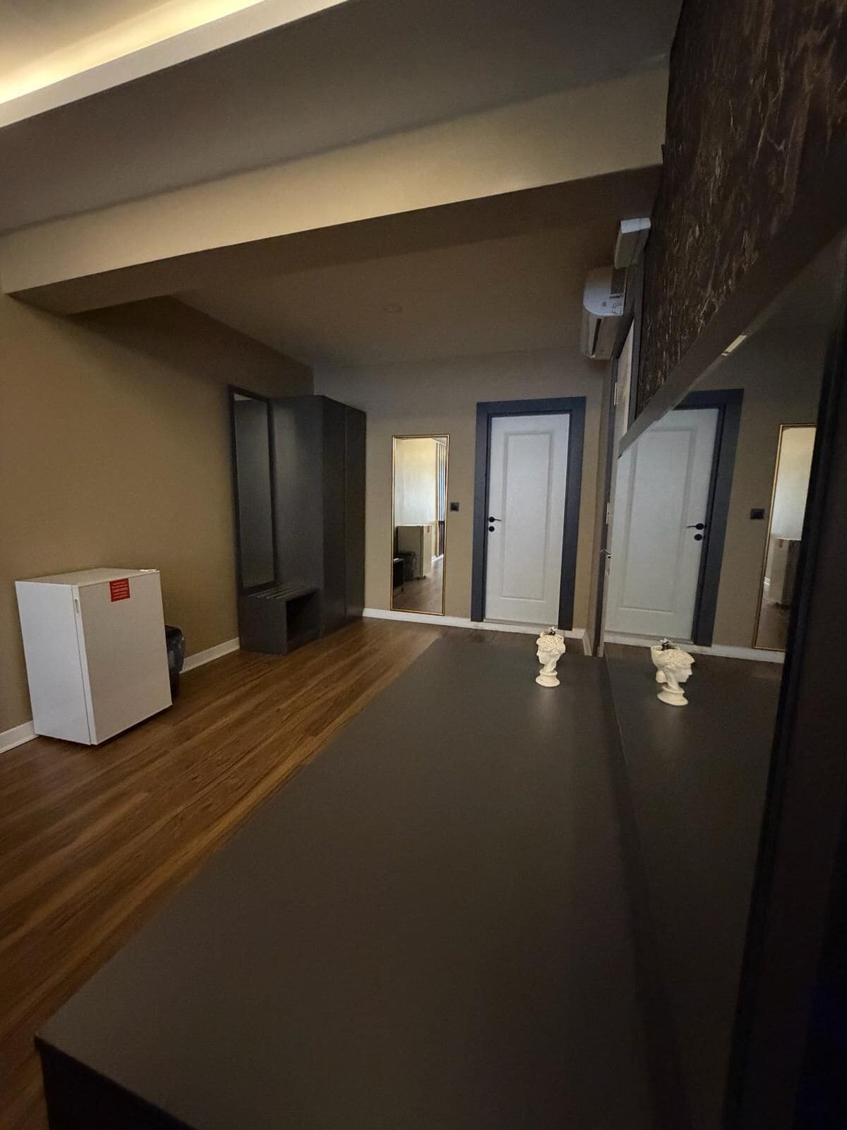 Een ruime woonruimte met een donkerbruine vloer, een witte koelkast en een kleine prullenbak. Er zijn twee deuren en een spiegel aan de muur.