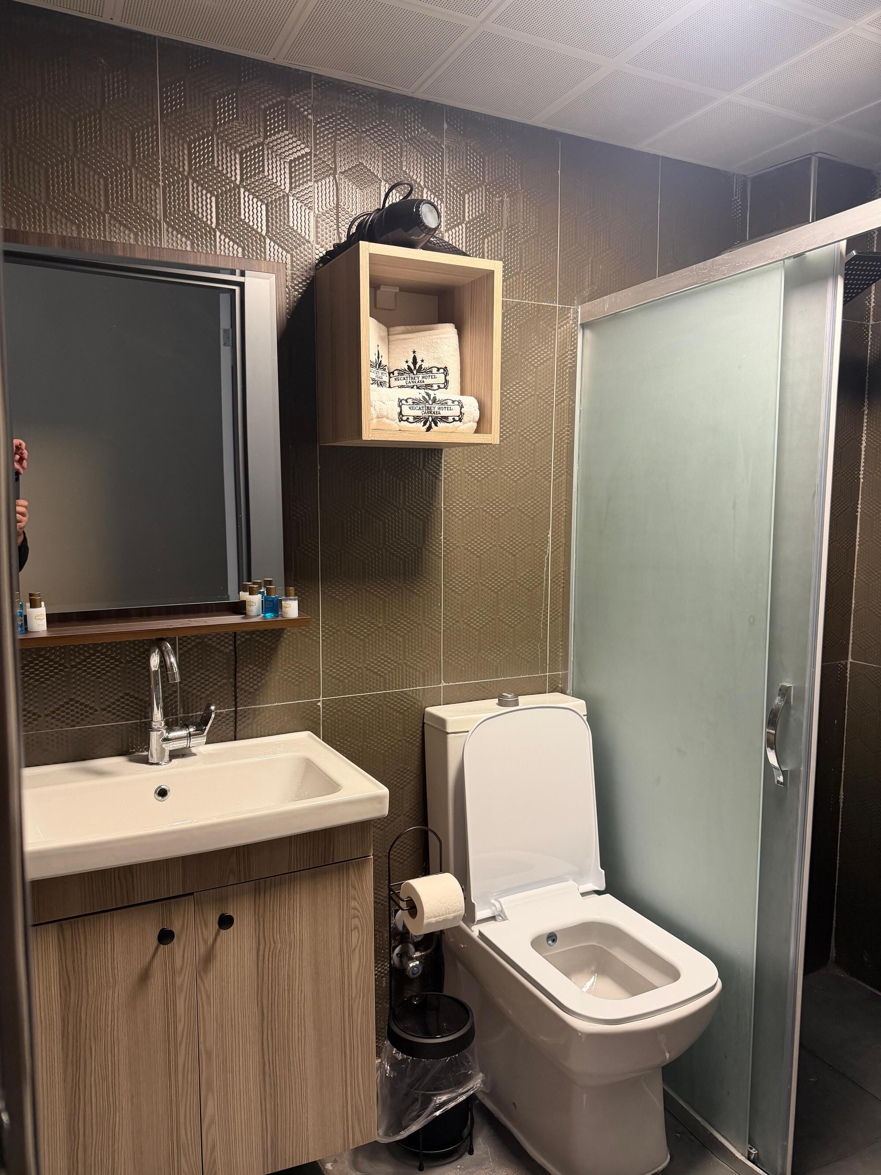 Un bagno moderno con un mobile bagno in legno, un lavabo, un water e uno spazio doccia.