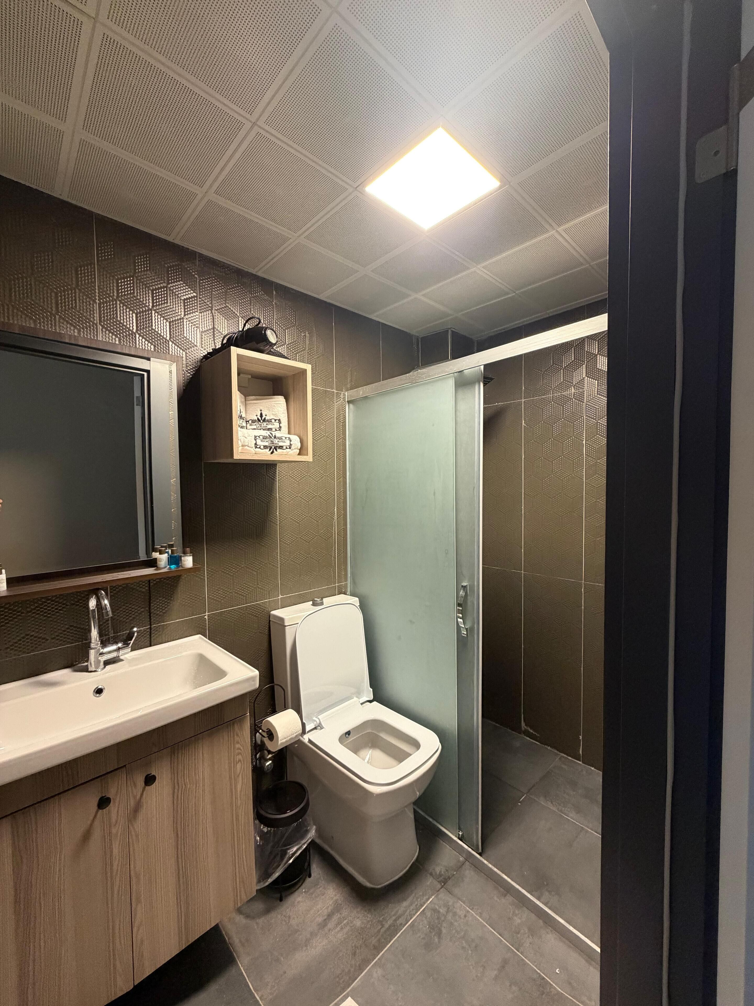 A modern bathroom with a sink, toilet, and shower.