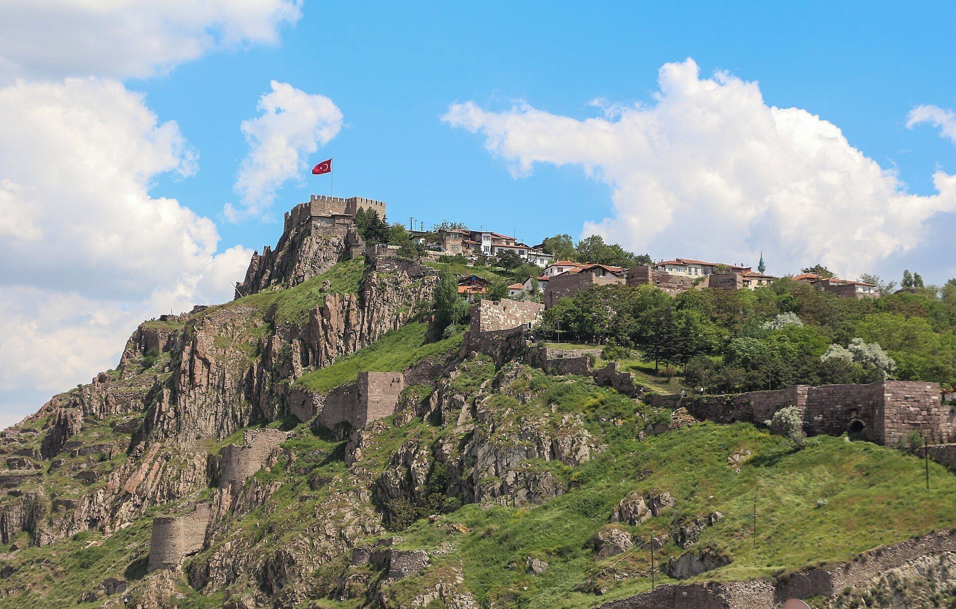 Un castillo histórico en una colina, con una bandera, rodeado de edificaciones residenciales y vegetación.