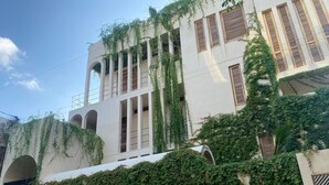 Un bâtiment aux murs blancs et aux volets en bois, partiellement recouvert de lierre vert.