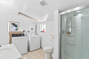 Hair dryer, towels, soap, toilet paper