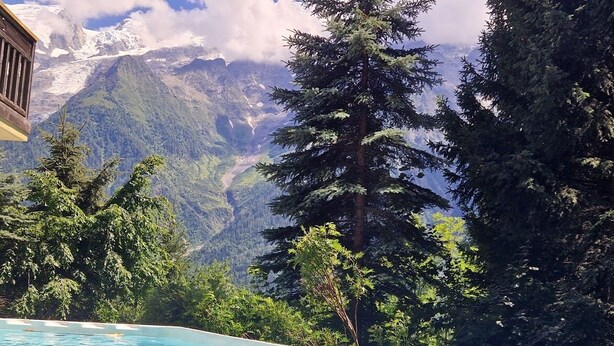 A swimming pool with a mountain view, surrounded by trees.