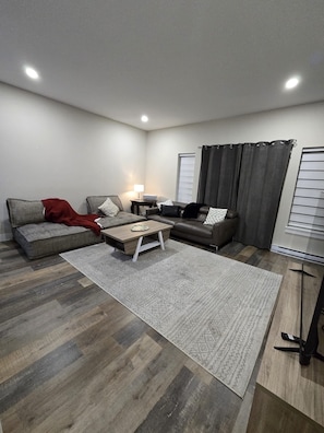 Una sala de estar moderna con un sofá, una mesa de centro y una alfombra.