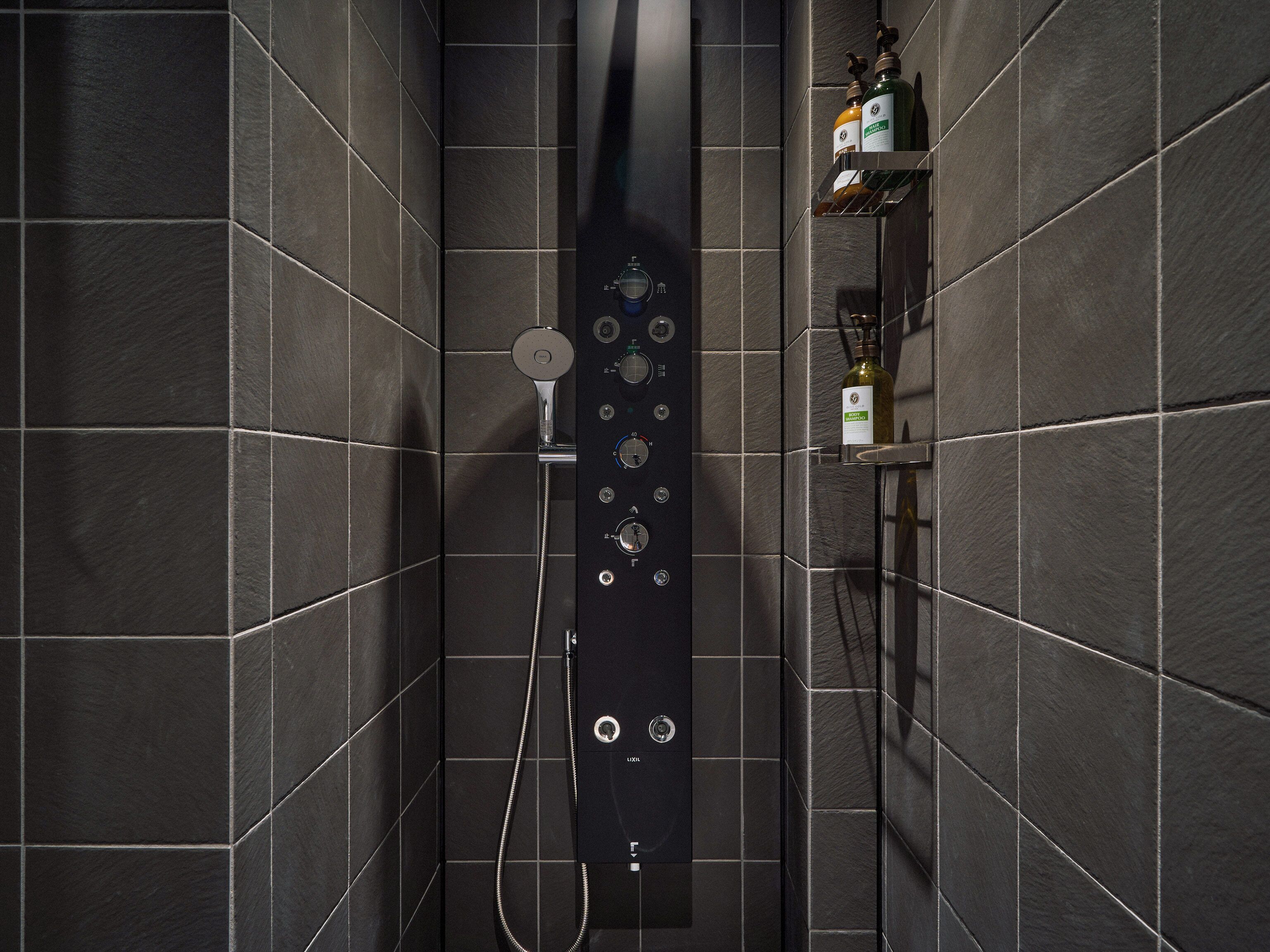 A modern shower with a control panel, a handheld showerhead, and a soap dispenser on a shelf.