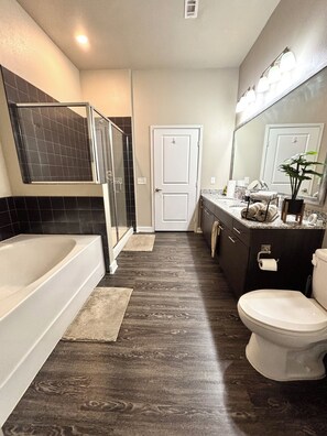 Hair dryer, towels, soap, shampoo