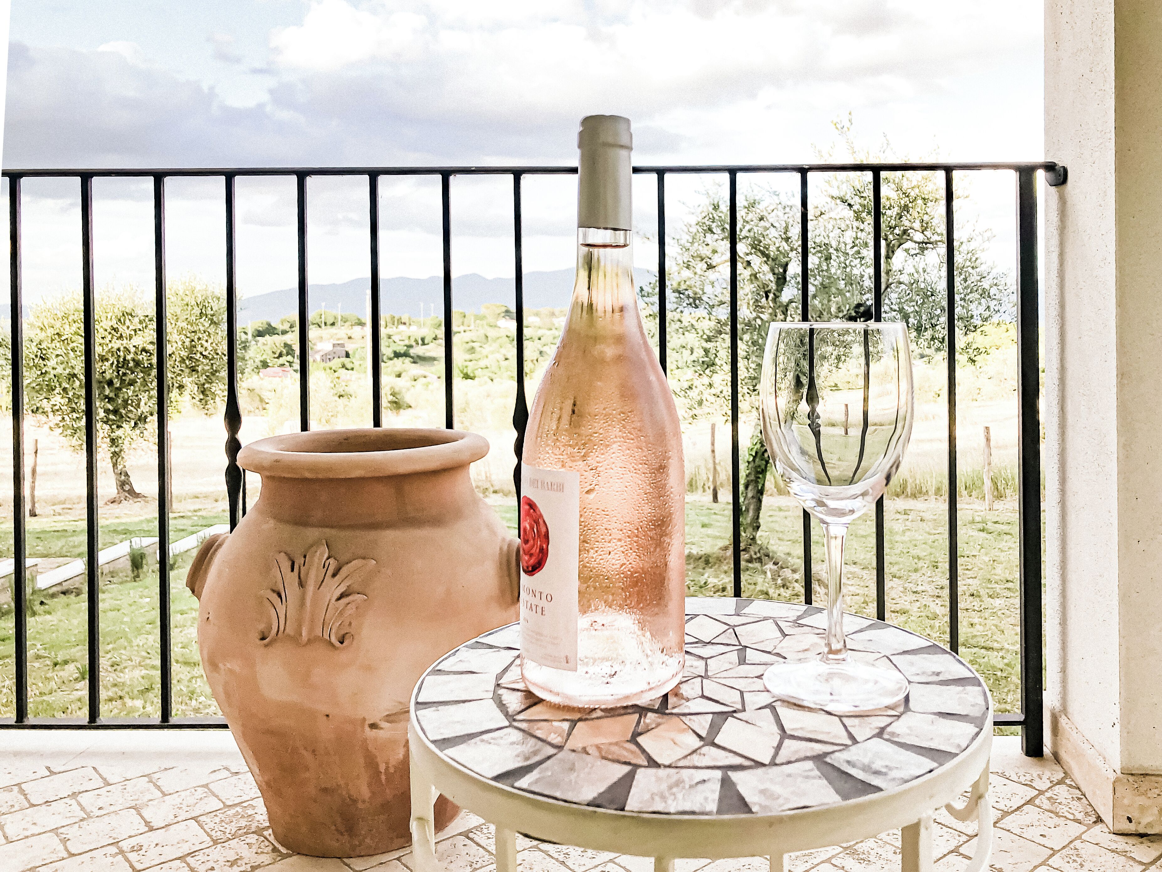 A terracotta pot, a bottle, and a wine glass on a tiled table with a view of a garden and mountains in the background.