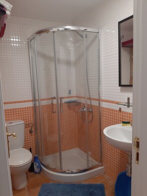 Hair dryer, towels, toilet paper