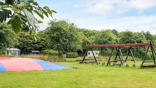 Un espace extérieur verdoyant avec une balançoire et une structure d’escalade.
