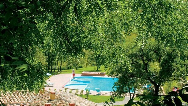 A swimming pool surrounded by lush greenery, with a tiled roof and a person standing by the pool. - Apartment 5 (Castel del Piano)