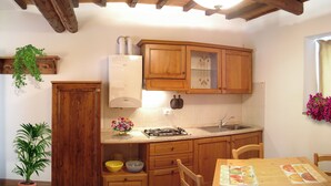 A kitchen with wooden cabinets, a gas stove, a sink, and a window with flowers. - Apartment 5 (Castel del Piano)