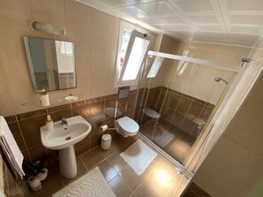 Shower, hair dryer, towels, toilet paper