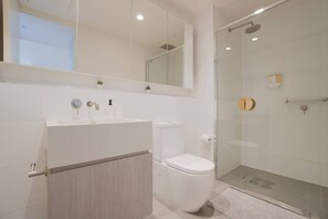 Shower, hair dryer, towels