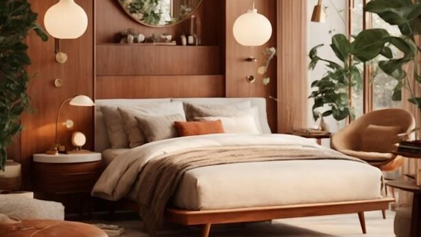 Un dormitorio moderno con una cama grande, mesitas de noche, un espejo redondo y ventanas amplias con cortinas.