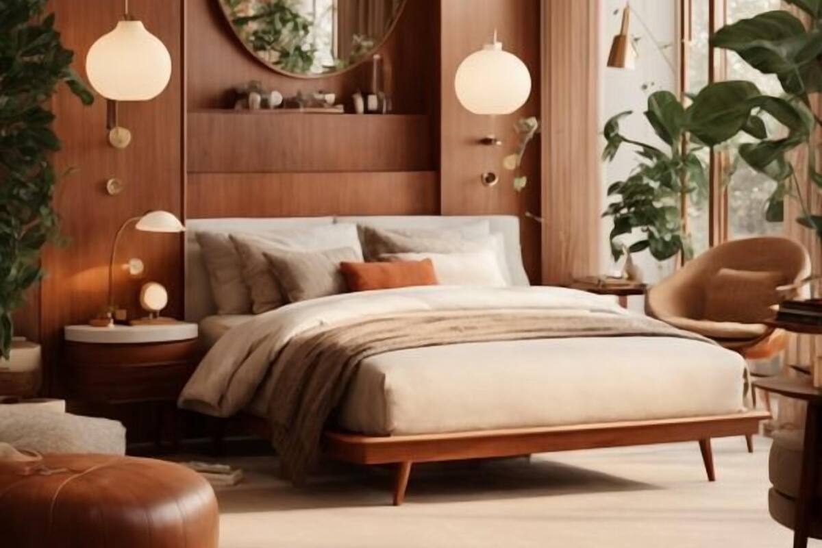 A modern bedroom with a large bed, bedside tables, a round mirror, and large windows with curtains.