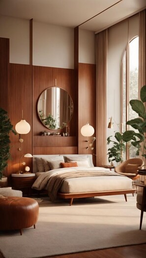 A modern bedroom with a large bed, bedside tables, a round mirror, and large windows with curtains. - Nauling heritage (Kanda)