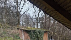 A wooden balcony with a view of a grassy yard, a stone wall, and a wooden structure covered in ivy.