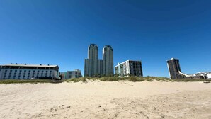 A beachfront with high-rise buildings in the background.
