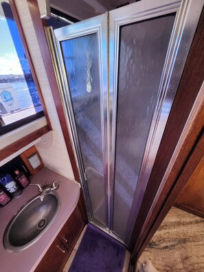 Shower, towels, soap, toilet paper