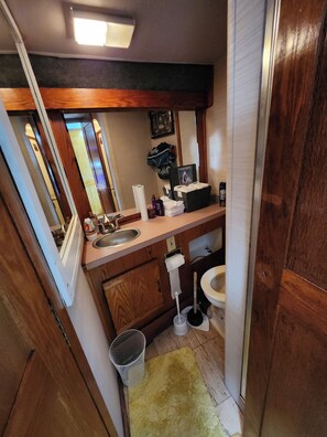 Shower, towels, soap, toilet paper