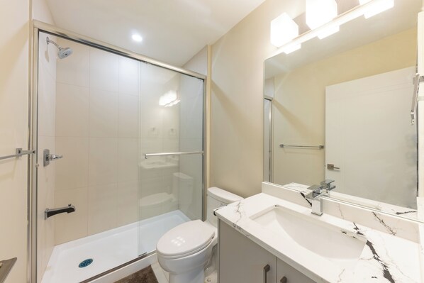 Hair dryer, towels, soap, toilet paper