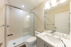 Hair dryer, towels, soap, toilet paper