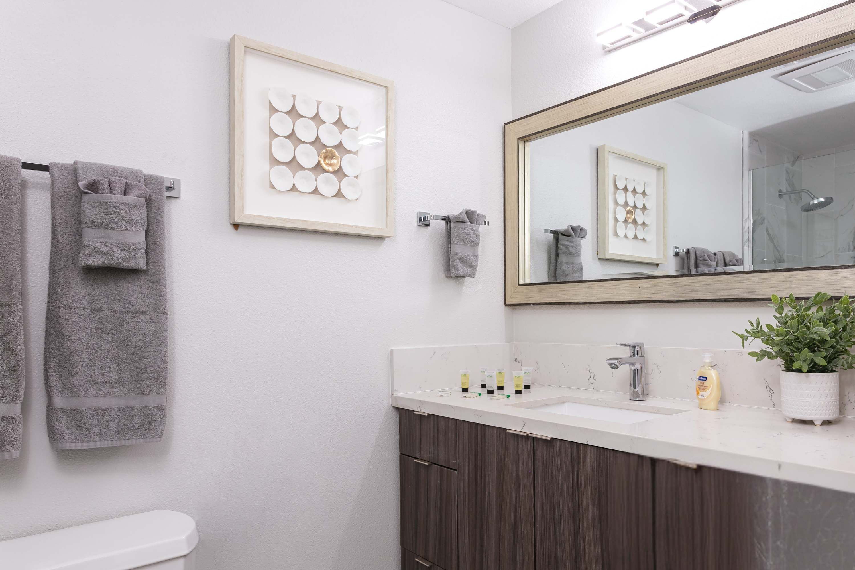 A bathroom with a white sink, a mirror, a framed artwork, and a potted plant.