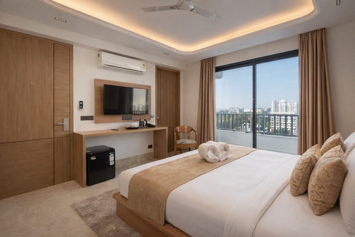Une chambre d’hôtel moderne avec un grand lit, un téléviseur fixé au mur, un petit bureau avec une chaise et une vue sur la ville par la fenêtre.