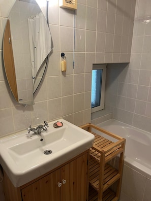 Hair dryer, towels, soap, shampoo