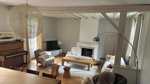 A living room with a piano, a fireplace, a sofa, a coffee table, and a fluffy dog. - 4 rooms in a renovated eco house in a quiet natural setting (Sarreguemines)