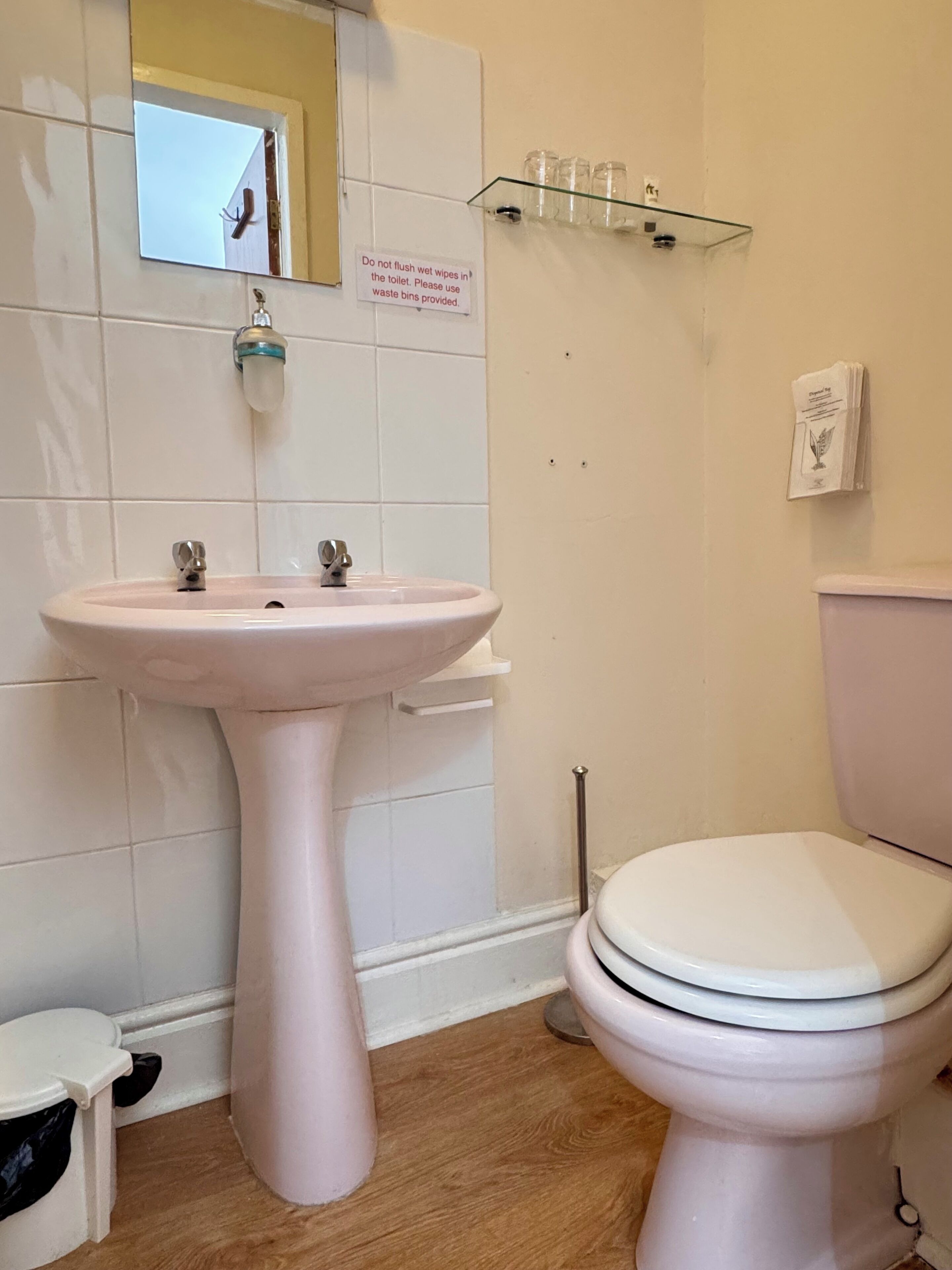 A bathroom with a pink sink, a toilet, and a glass shelf with toiletries.