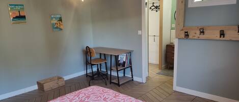 1 bedroom, desk, iron/ironing board, travel crib