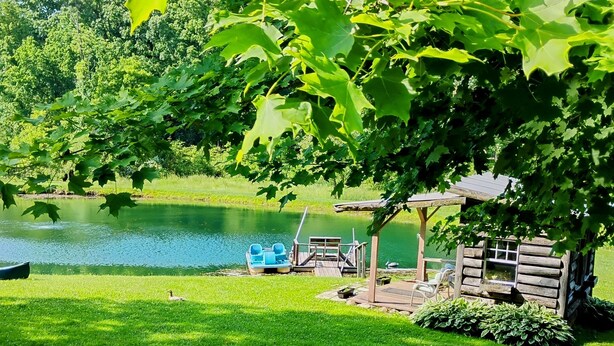 A serene lakeside setting with a wooden dock, a small pavilion, and a grassy area.
