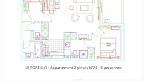 A floor plan of a two-bedroom apartment with a master bedroom, two bedrooms, a living room, a dining area, and a kitchen. - 150m from ski slopes, 2nd floor, swimming pool, tv, ski locker, 57m², Gourette (Eaux-Bonnes)