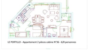 A floor plan of a 2-piece apartment with 6-8 people capacity, including a living area, kitchen, dining area, and a master bedroom. - 80m from resort center, 3rd floor, swimming pool, terrace, tv, ski locker, 57m², Gourette (Eaux-Bonnes)