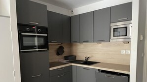 A compact kitchen with grey cabinets, a black oven, a microwave, and a sink. - 150m from ski slopes, 3rd floor, view mountain, swimming pool, terrace, tv, ski locker, 28m² (Eaux-Bonnes)