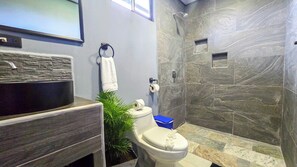 Shower, hair dryer, towels, soap
